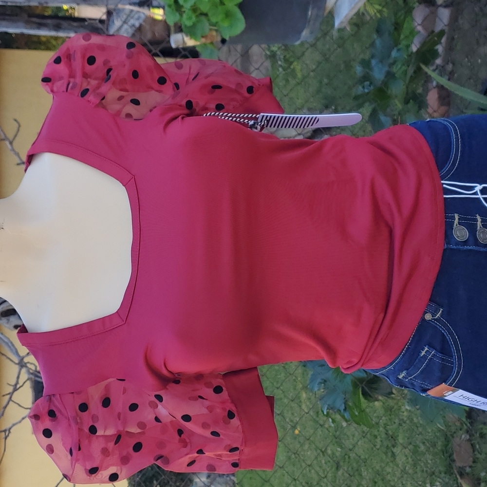Red top with black polka dots